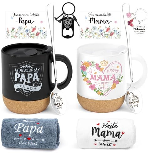 FHzytg Geschenke für Muttertag Vatertag, Geschenkideen für Mama und Papa, Kaffeetasse Handtuch Geschenkset, Tassen Geschenk für Eltern, Beste Mama und Papa der Welt