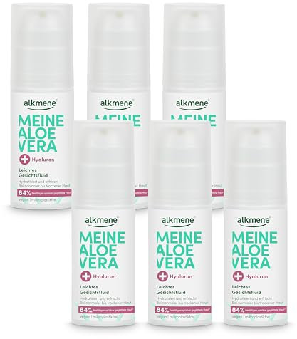 alkmene 6x Aloe Vera Gesichtsfluid mit Hyaluron 50 ml - Aloe Vera Gel Gesicht für normale bis trockene Haut - Feuchtigkeitscreme vegan - Aloe Vera Gesichtscreme, Alea Vera Gel, Aloeveragel