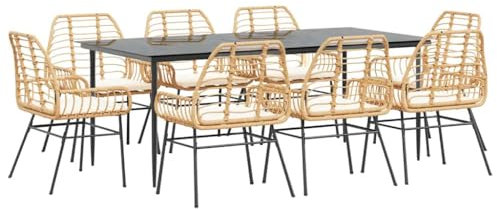 vidaXL 9-TLG. Garten-Essgruppe mit Kissen Braun Poly Rattan Glas, Outdoor Essgruppe, Essgarnitur Terrasse, Garten Essgarnitur, Terrasse Essgruppe