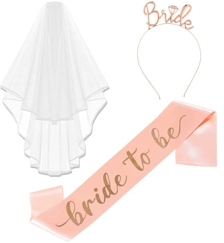 3 Stück JGA Accessoires Frauen-Schleier JGA Weiße, Bride to Be Schärpe,JGA Rosegold Stirnband Tiara, Hochzeit Fotorequisiten Spiele Zubehör für Bachelorette Party