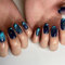 Cat Eye False Nails - 24Pcs Almond Press on Nails Medium Long - Blue Glitter Fake Nails - Oval Glossy Stick on Nail with Glue, Acrylic Full Cover Glue on Nail for Women Girls Nail Art
