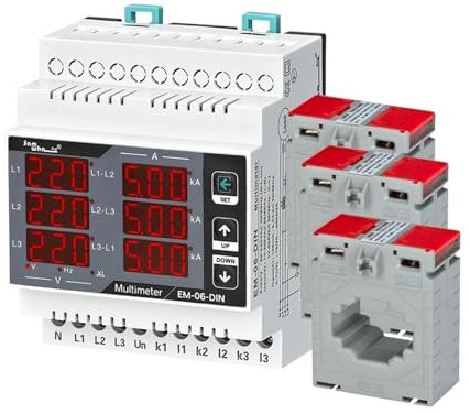 JMORCO Multimetro EM-06-DIN, Volt trifase (LL), (LN), Ampere, Frequenza, Misuratore da Pannello con Display Sequenza di Fase 12 in 1(3CT 200A)