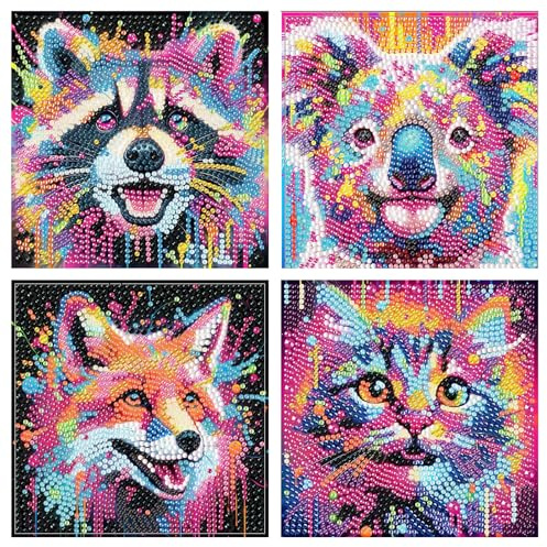 XXXCHENGJIA 4Pack Diamond Art Kits for Kids, Animals Diamond Painting Kits for Ages 8-12, DIY Mosaic Crafts Kit Full Round Drill Painting for Home Wall Decor 6 X 6 Inch