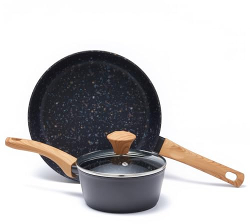 Jovire 3‑Pc Non‑Stick Cookware Set, 24cm Frying Pan, Saucepan w/Lid, Black | Suitable for induction & gas hobs | Dishwasher safe | PFOA‑free & PTFE‑free | Stylish & durable | Ergonomic handle