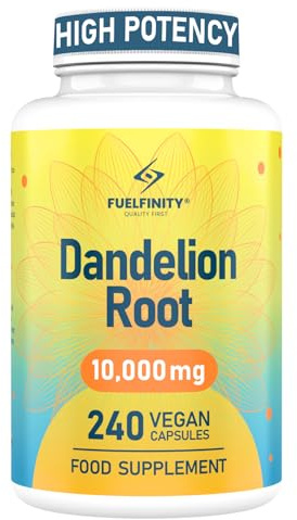 Strong Dandelion Root Capsules 10,000mg | 240 Vegan Capsules | High Strength for Bloating & Water Retention | Fluid Balance with High Absorption | Liver Detox | FuelFinity® | Made in UK, Vegan