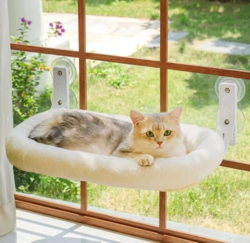 EDAGNY Faltbare Fensterliege für Katzen Robust mit Weich Waschbar Bezug Creme