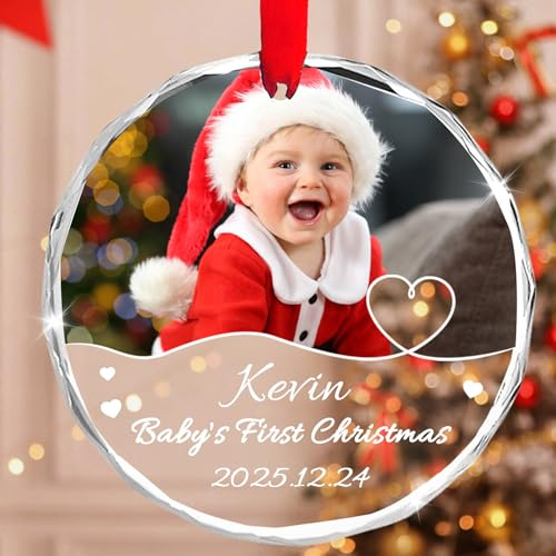 Personalisierte Weihnachtskugeln mit Baby Foto Name Kristall Glas Christbaumschmuck für Ihr Neugeborenes Baby - Baby's First Christmas - Weihnachtsanhänger Home Christmas Decorations für Weihnachten