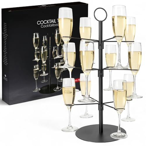 MIJOMA Cocktailbaum Schwarz – Glasständer Metall 3 Ebenen – Halter für 12 Gläser – Champagnerbaum – Party Getränkeständer – Bar Zubehör – Höhe 55,5 cm – Food Stand