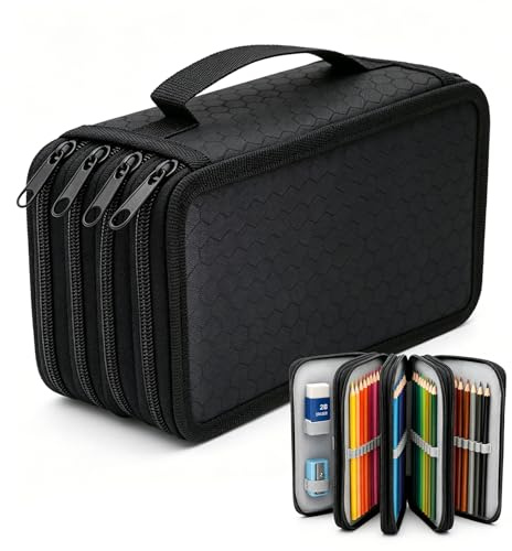Euablfo Federmäppchen Große mit 72 Slots, 4 Fach Portable Federtasche Groß, Wasserdicht Federmappe mit Reißverschluss Tragegriff für Marker/Kugelschreiber/Office Pen, Schwarz
