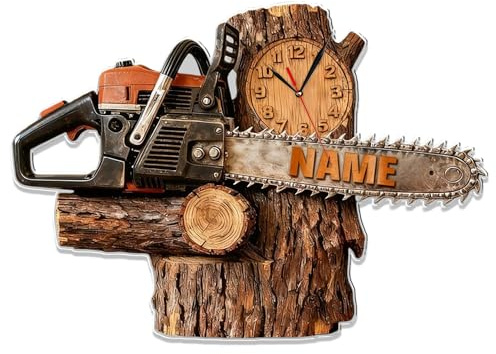 SosnSusn Personalized Chainsaw Logging Themed Wall Clock Custom Name Chainsaw Themed Clock, 2D Acrylic Logging Wall Art Decor for Home Living Room Bedroom Office, Christmas Birthday Gifts for Men Dad