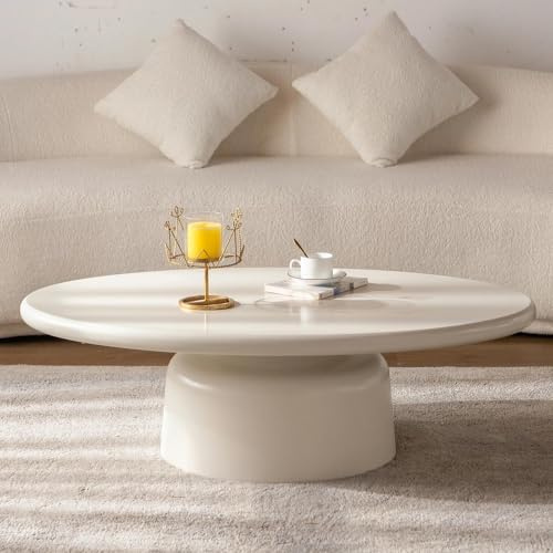 ZUOWENYG Crema Weißer Ovaler Couchtisch aus Hochdichtfaserplatte (116CM) | Moderner Minimalistisch Wohnzimmertisch mit Massiver Basis, Fließende Kanten, Stabil & Pflegeleicht, für Wohnzimmer & Lounge