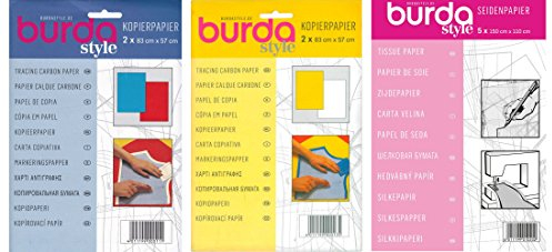 Burda Seidenpapier 3er Set – Papier zum Schneidern 110 x 150 cm – Transparentpapier/Durchschlagpapier 1 x blau, 1 x rot – gelb & weißes Transparentpapier/Durchschlagpapier 83 x 57 cm, 2 Blätter