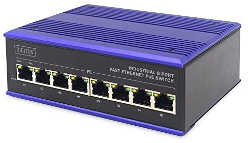 DIGITUS PoE Netzwerk-Switch - 8-Port Fast Ethernet - DIN-Rail Montage - Klemmleiste - Lüfterlos - Schwarz/Blau