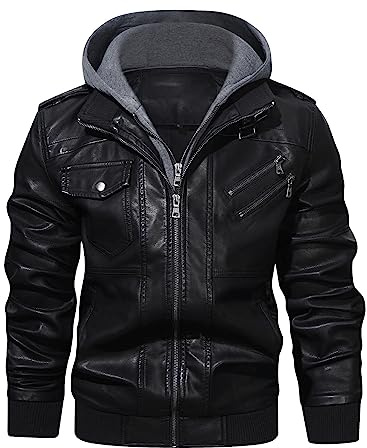 HOOD CREW Men’s Casual Stand Collar PU Faux Leather Zip-Up Motorcycle Bomber Jacket With a Removable Hood