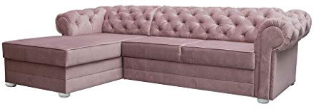 MEUBLO Canapé d'angle Convertible en lit 4/5 Places Style Chesterfield en Tissu (Velours) Avia (Rose, Canapé d'angle Gauche)