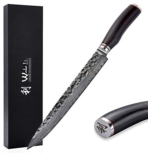 Wakoli EBO Premium Fleischmesser mit 25 cm Klinge und Hammerschlag gefertigt aus 67 Lagen echtem Damaststahl mit schwarzem Eichenholzgriff I Damastmesser Küchenmesser und Profi Kochmesser