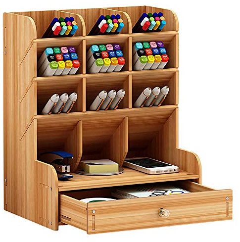 Organisateur de bureau en bois multifonction avec pots à crayons, grande capacité (marron-A)