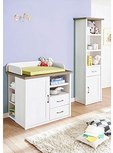 Lomadox Babyzimmer 2er-Set, Landhausstil, Pinie weiß Nb./Trüffel Eiche Nb.