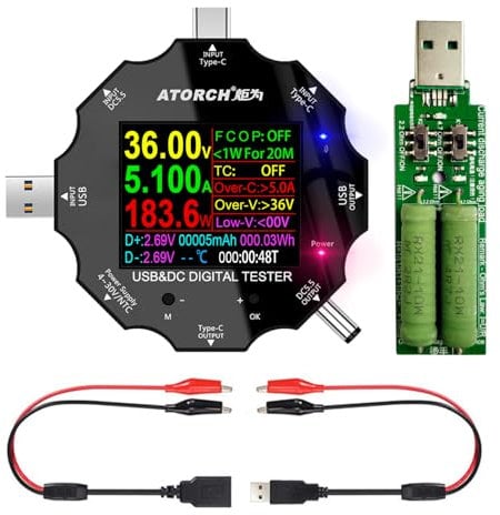 USB C Tester, 3 in 1 Type C DC5.5 USB Meter USB Load Color Screen IPS Digital Multimeter,Voltage,Current,Power,Resistance,Capacity Detector,with Clip Cable Support PD2.0/PD3.0,QC2.0/QC3.0