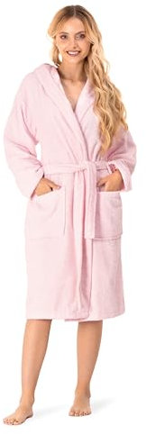 Twinzen Peignoir de Bain Femme - S - Rose - 100% Coton avec Capuche - Certifié OEKO-TEX® - Robe de Chambre Eponge 2 Poches, Ceinture - Doux, Absorbant et Confort