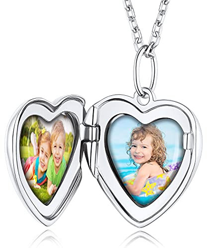 Custom4U Collier 2 Photos Personnalisé Argent 925 Pendentif Médaillon Coeur Porte Photo Bijoux Vintage Cadeau Anniversaire pour Maman Original