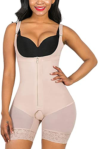 SHAPERX Bodysuit Body Shaper Fajas Colombianas Abnehmen Kontrolle Figurformender Formende Bodys Taillenformer Shapewear für Damen mit Haken, UK-DT7199-Beige-3XL