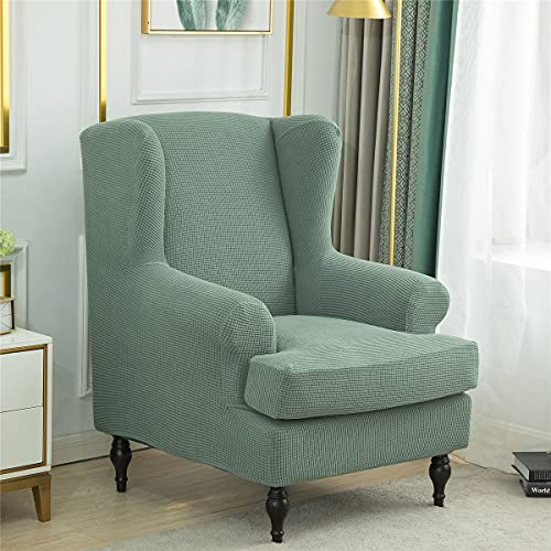 Highdi 2 Teilig Ohrensessel Überzug, Jacquard Sessel-Überwürfe Ohrensessel Schonbezüge Bezug Sesselhusse Elastisch Stretch Tiger Stuhlbezug mit Armlehne Hohe Rückenlehne Universal (Olivgrün)