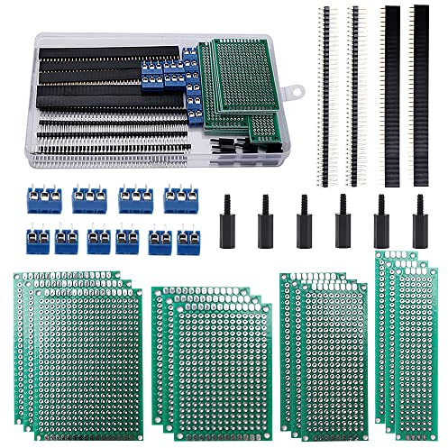 VooGenzek 46 Stück PCB Board Kits, 12 Stück Doppelseitige Leiterplatten Prototypkarten + 12 Stück Male/Female Header Connector + 10 Stück 2/3Pin Schraubklemme + 12 Stück Nylonsäule