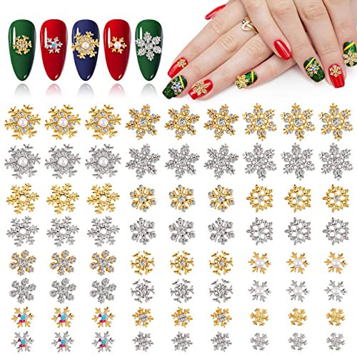 EBANKU 72 PCS Christmas Nail Charms Gems, Gold Silver Christmas Snowflake Nail Rhinestones for Nail Art Jewelry Making, Nail Jewelry Stones Rhinestones for Women Girls Christmas Gifts