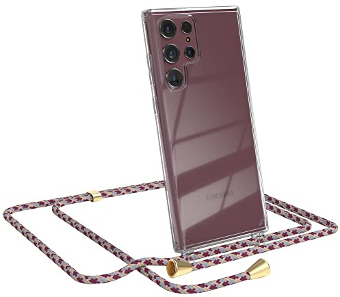 EAZY CASE Handykette kompatibel mit Samsung Galaxy S22 Ultra 5G Handyhülle mit Umhängeband, Handykordel mit Schutzhülle, Silikonhülle, Hülle, Stylische Kette für Smartphone, Bordeaux Camouflage