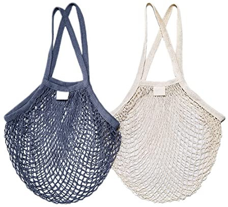 Netz-baumwollschnur-einkaufstasche Wiederverwendbare Einkaufsnetz-taschen Mesh-einkaufstasche Wiederverwendbare Mesh-einkaufstaschen Mit Langen Griffen Für Strandspielzeug(2 Stück Beige/grau)