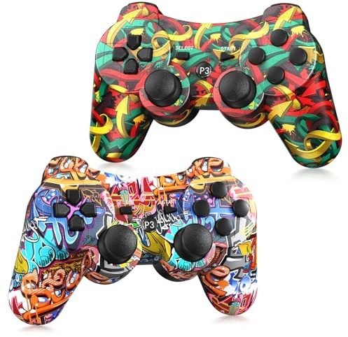 Graffiti Style PS3 Controller Wireless Confezione da 2, batteria integrata da 800 mAh, con 2 cavi USB, ricambio perfetto per controller Sony Playstation 3