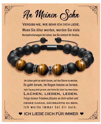 XUANPAI Armband Herren Damen Perlen aus Natursteine Tigerauge Stein Schwarzer Onyx Stein 10mm Perlenarmband Verstellbare Armbänder, Geschenke Für Männer und Frauen (Sohn)