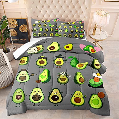 Suncloris Süßes Cartoon-Avocado-Bettwäsche-Set, verschiedene Formen von schönem Avocado-Muster, Bettwäsche für Kinder und Erwachsene, Schlafzimmer-Dekor mit 2 Kissenbezügen (01, Queen)