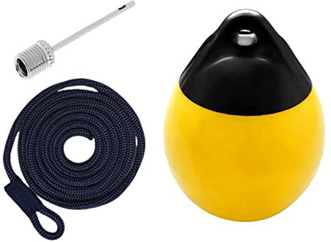 Perfeclan Bootsfender-Kugel, Schwimmboje, runder Schutz, 25,4 x 30,5 cm, Docking-Boje, Dock-Stoßstange für Yacht-Reihenboote, kleines Boot, Gelb mit schwarzem Seil