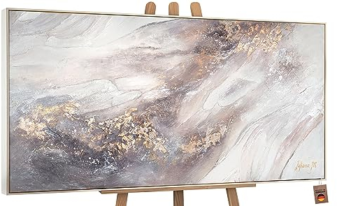 YS-Art Abstrakt Acryl Gemälde auf Leinwand Relax handgemalt Wandbilder Wohnzimmer modern Wohndekor Bilder Büro Praxis Creme Gold Farben echte Kunst mit Rahmen 140x70 cm