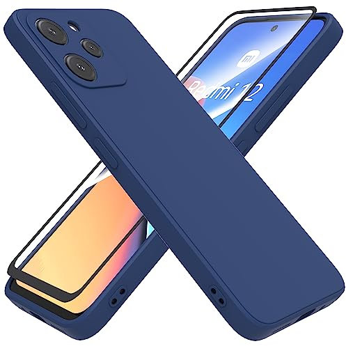 HHUIWIND Funda Silicone Case para Xiaomi Redmi 12 4G / 5G (6.79) + Cristal Templado Protector,Carcasa Protectora Movil Silicona Ultra-Fina Gel Estuche - Azul