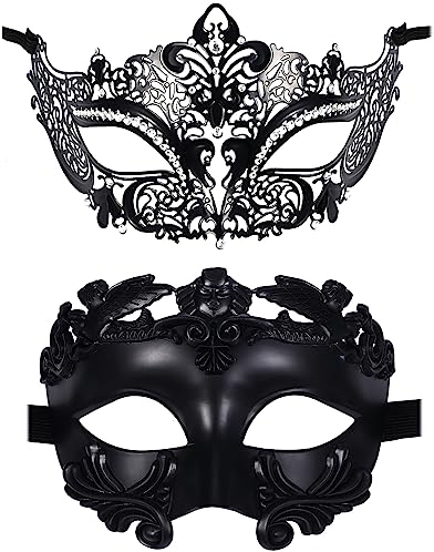 JewelryWe Maskerade Maske Paar Venezianische Maske - 2 Stück Schwarz Metallmaske Antike Römische Griechische Augenmaske Gesichtsmaske Kostüm für Halloween Karneval Party Damen Herren