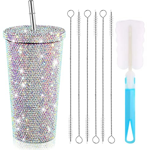 EHOTER Studded Bling Diamond Tumbler Glitter Water Bottle with Lid Stainless Steel Vacuum Thermal Straw Tumbler Rhinestone Tumbler with 1 Pcs Cup Brush 6 Pcs Straw Brushes for Women (Multicolor)