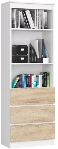 AKORD Büro-Bücherregal CLP 60 cm | 3 Schubladen 3 Einlegeböden stehend | für Schrank Wohnzimmer Schlafzimmer Bücherregale| Minimalistisch | Laminierte Platte 16 mm | White + Oak Sonoma Front