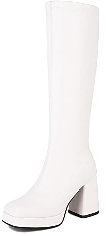 Lroey Reoly Stivali da Donna a Metà Polpaccio con Tacco Largo, Stivali da Vestito Square Toe Tacco Medio Stivali Alti Senza Chiusura con Plateau, O3137Kf Bianco Numero 34 EU