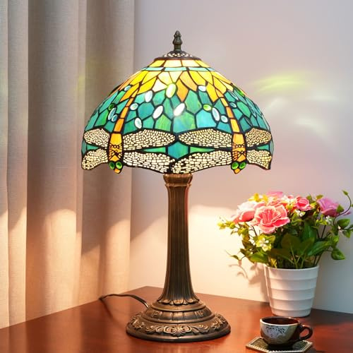 AIBOTY Libellen-Tischlampe Tiffany-Lampe Buntglaslampe Viktorianisches Buntes Glas Nachttisch-Lese-Schreibtisch-Licht 19 Groß Für Liebhabermädchen Wohnzimmer Schlafzimmer,Blue orange