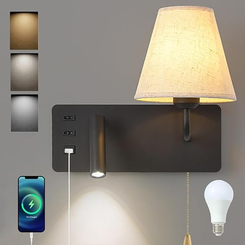 KZT LED Dimmbare Wandleuchte moderne drehbar Scheinwerfer Mit zugschnur Wandlichter und doppelschalter und USB-Ladeanschluss mit Lampenschirm Studie Schlafzimmer Leselampe