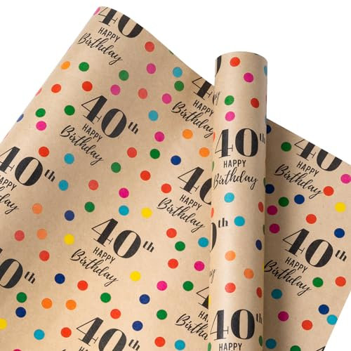 RUSPEPA Kraft-Geschenkpapierrolle mit Duft – Mini-Rolle – buntes Punkte-Design, ideal für Geburtstag, Party, Babyparty – 43,2 cm x 5 m – 40. Geburtstag