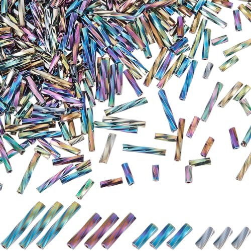 CREATCABIN 2000Pcs Colorful Twisted Bugle Beads 5/6/9/12mm Glass Metallic Bugle Beads Long Tube Seed Loose Spacer Mini with Container for Craft Bracelet Necklace Earring Jewelry Making