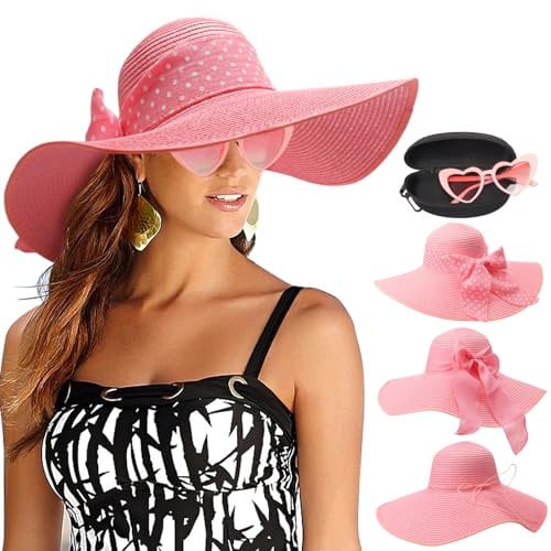 DRESHOW Damen Breit Krempe Strohhut Faltbar Schutz Strandhut Elegant Sommer Hut Sonnenhüte UPF 50+
