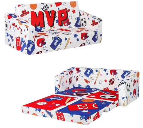 Faltbarer KinderSofa-Rückenlehen-Sessel 2 in 1 Extra Große, Standfest Kindercouch mit Stofftasche für Mädchen Jungen, Weiche Leichte Flip Open Kindersessel Spielsofa Kinderzimmer (Rote Bewegung)
