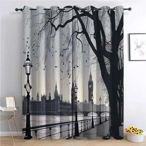 Vorhang Blickdicht ösen 2er Set Hand -gemaltes Cartoon London River -Böschung Muster Gardine Lichtundurchlässig Fenstervorhang Wohnzimmer Viktorianische Straßenlampe Vorhänge Größe: H 214 x B 91.5 cm