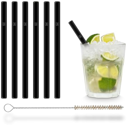 HALM pailles en verre noires courtes - 6 pièces droites 15 cm - Ensemble de pailles en verre réutilisables + brosse de nettoyage sans plastique - Tubes à boire en verre pour verres à cocktail