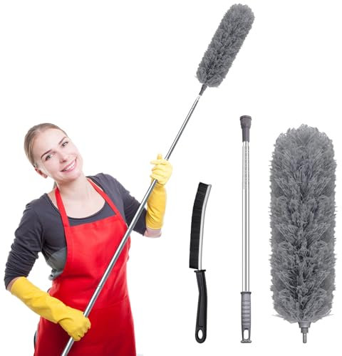 YUDANSI Extendable Feather Duster, Extendable Microfiber Duster For Cleaning High Ceiling Fans Blinds Cobweb, 110 inch Telescopic Extension Pole Bendable Head Extendable Duster, Crevice Cleaning Brush